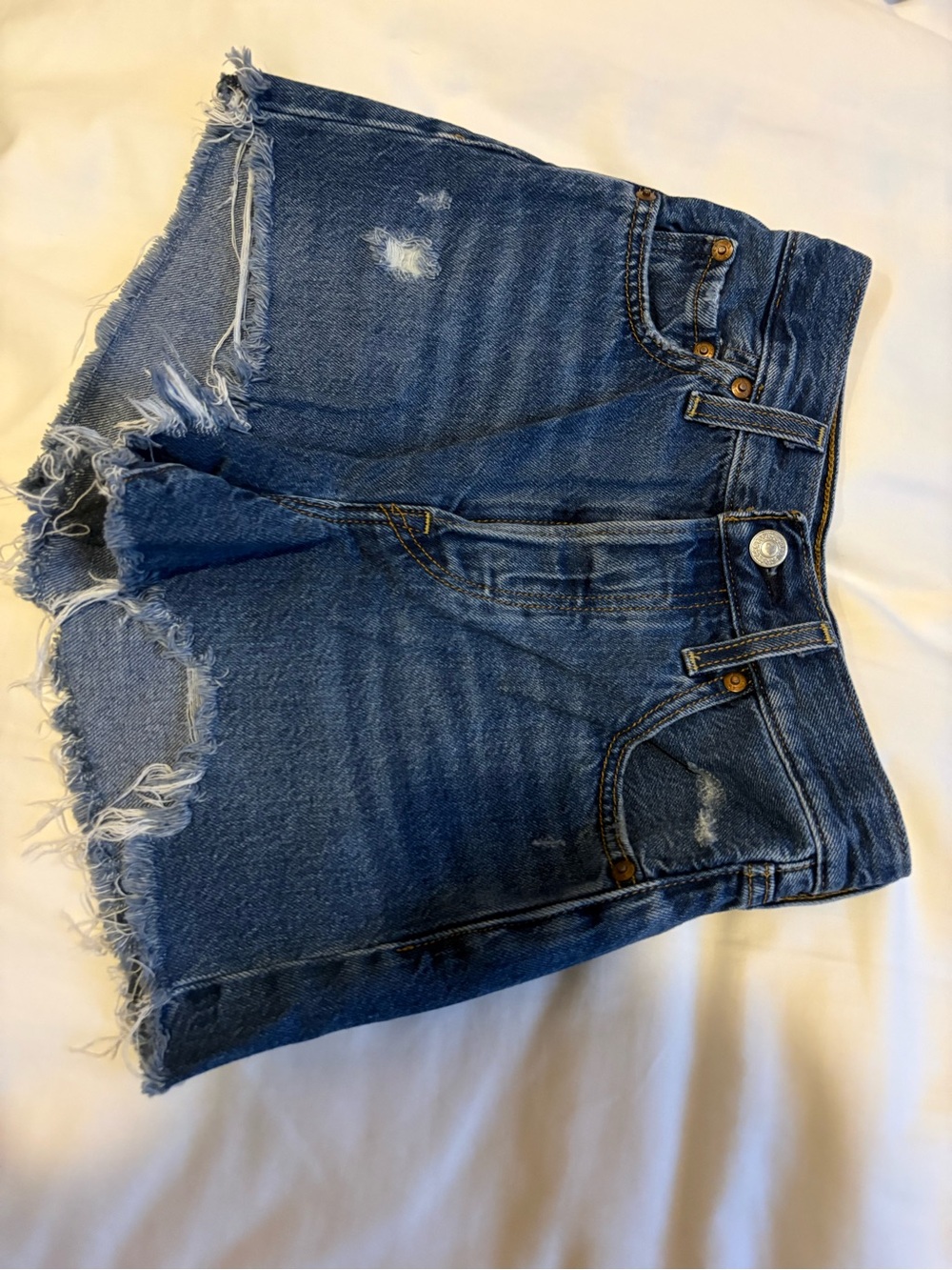 High-Rise Distressed Blue Denim Jean Shorts